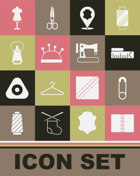 集纺织织物卷，安全别针，卷尺，皮革，针床和针，拉链，人体模型和缝纫机图标。向量图片下载