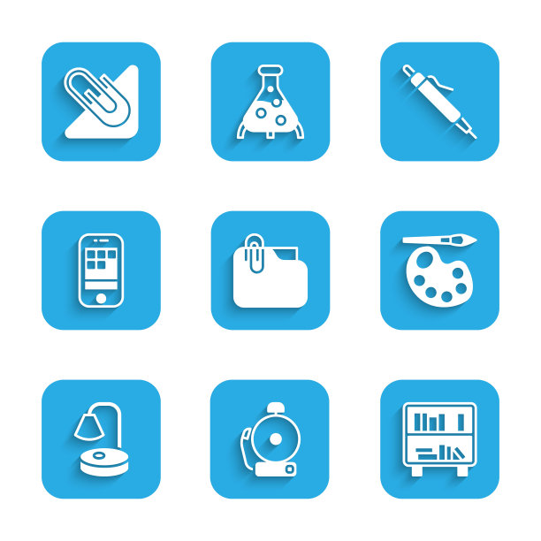 设置文件夹夹夹，铃声，书架书，油漆刷调色板，台灯，智能手机，笔和纸图标。向量图片下载