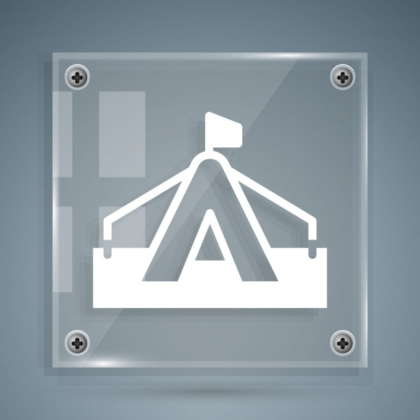 白色游客帐篷图标孤立在灰色背景。露营的象征。方形玻璃面板。向量图片下载