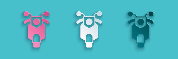 剪纸机车图标孤立在蓝色背景。纸艺术风格。向量图片下载