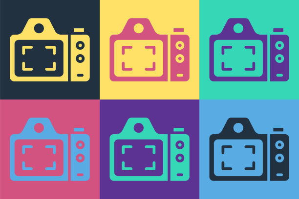 流行艺术照片相机图标孤立在彩色背景。与相机。数码摄影。向量图片下载