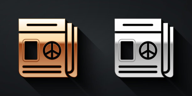 金色和银色新闻图标孤立在黑色背景。报纸的迹象。大众媒体的象征。长长的阴影风格。向量图片下载