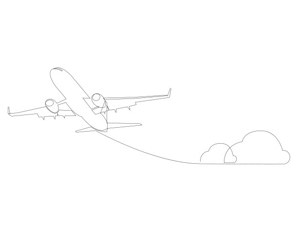 单线画的孤立矢量目标飞行客机。以极简风格绘制的平面和云。图片下载