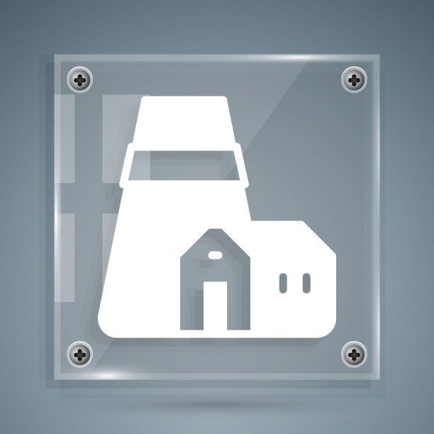 白色的电厂和工厂图标隔离在灰色的背景。能源工业的概念。方形玻璃面板。向量图片下载