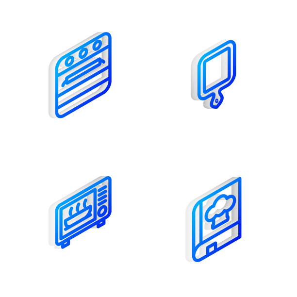 设置等距线切菜板，烤箱，微波炉和食谱图标。向量图片下载