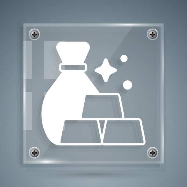 白色袋子的金条图标孤立在灰色的背景。装有金条的袋子。方形玻璃面板。向量图片下载