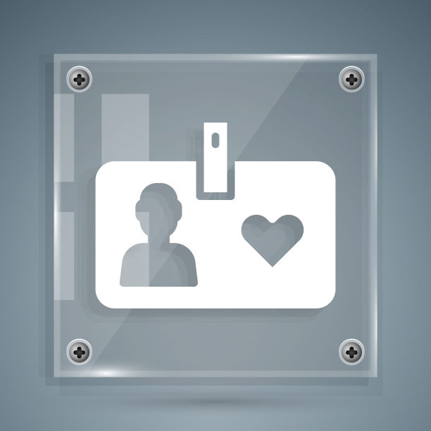 白色标识卡志愿者图标孤立在灰色背景上。志愿者身份证或证章。方形玻璃面板。向量图片下载