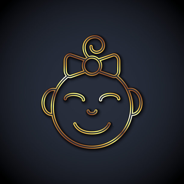 金色线快乐小女孩头图标孤立在黑色背景。小女孩的脸。向量图片下载