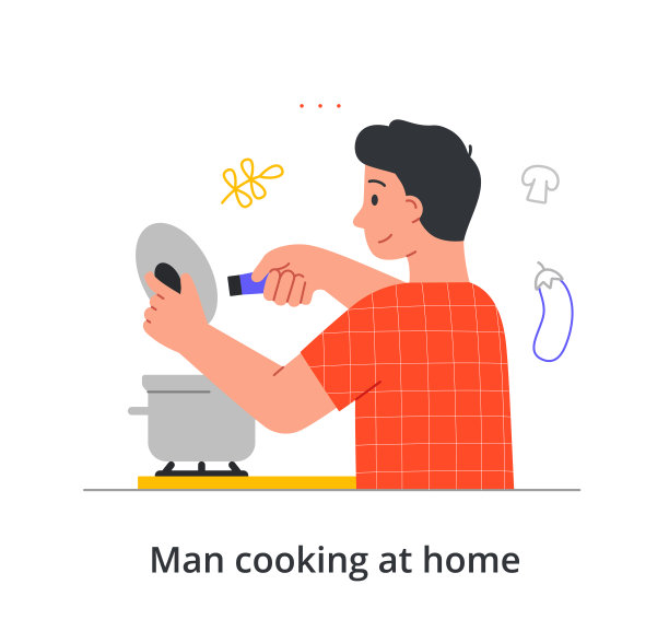 白色背景下，微笑的男主角正在搅拌家里做的汤图片下载