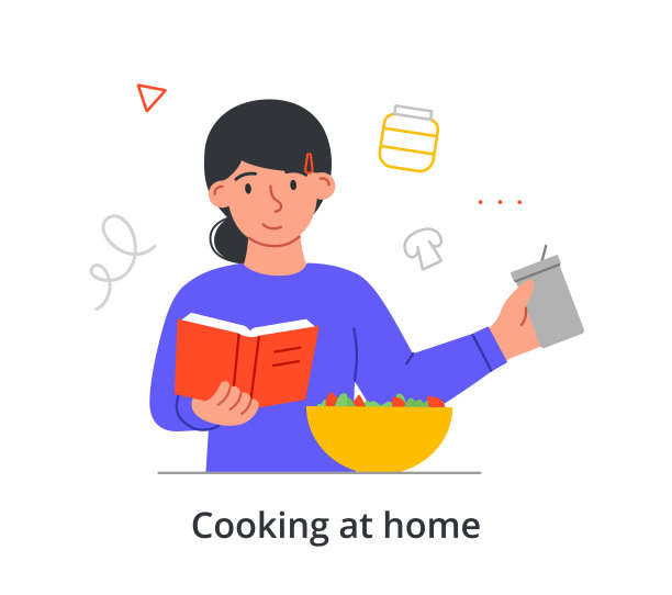 年轻的女子正在家里用白色背景的烹饪书做饭图片下载