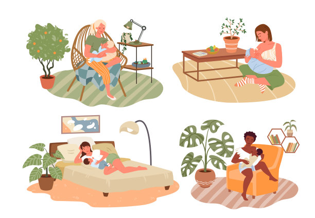 健康的母乳喂养，快乐的母亲节，妈妈和新生儿坐在一起图片下载