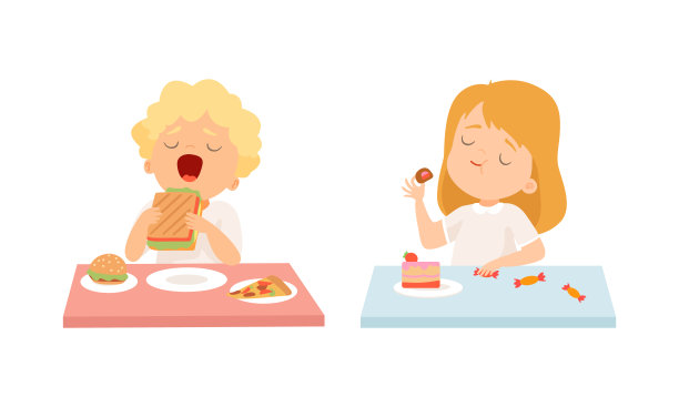 小男孩和小女孩对糖果和三明治向量集表现出喜欢图片下载