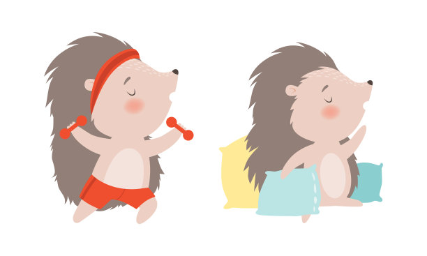 有趣的灰色刺猬打哈欠坐在枕头上和做体育锻炼向量集图片下载