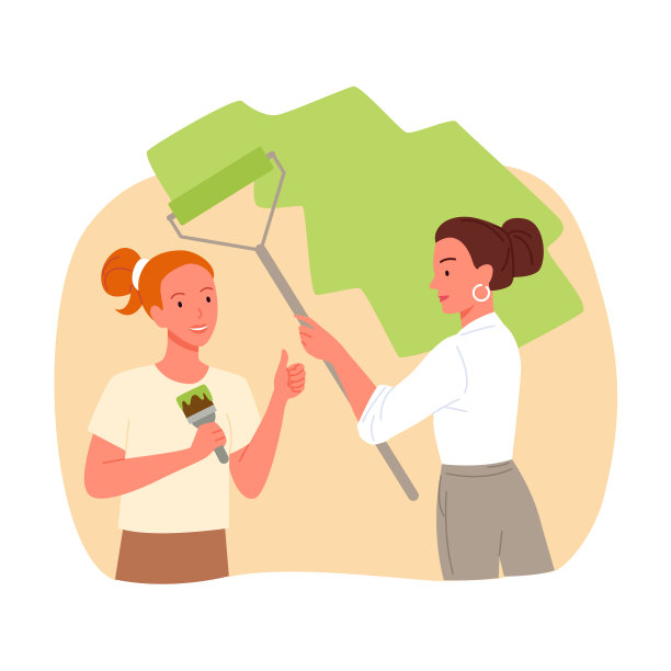 女工人刷墙，维修服务，年轻妇女拿着刷子和油漆滚筒图片下载