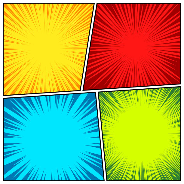 漫画书彩色放射线集合。卡通漫画背景与运动，速度线。复古波普艺术风格。矢量图图片下载