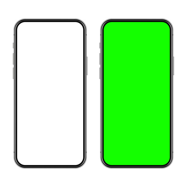 具有空白触摸屏和绿色色度键背景的现实智能手机。无框手机在前视图。高质量的详细设备模型。屏幕背景模板。矢量图图片下载