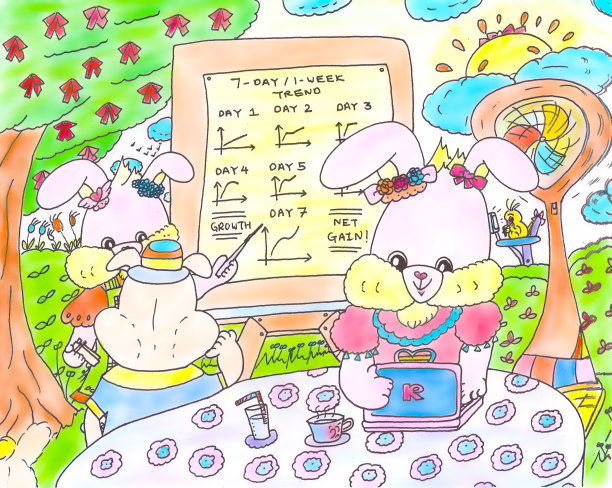 明亮卡通粉兔兔家庭展示销售报告儿童彩色艺术插画2021图片下载