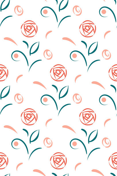 花卉手绘无缝图案。民间传说玫瑰花型，叶型，果型，繁盛嫩粉橙，颜色淡蓝色。白色可编辑背景。向量图片下载