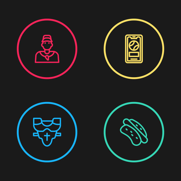 设置线球员护胸，热狗三明治，手机与棒球和棒球教练图标。向量图片下载