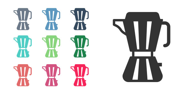 黑咖啡机moca壶图标孤立在白色背景。设置图标丰富多彩。向量图片下载