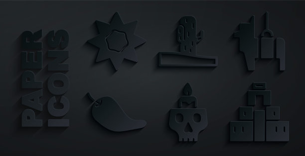 在头骨上点燃蜡烛，皮纳塔，辣椒荚，奇琴伊察玛雅，仙人掌和太阳图标。向量图片下载