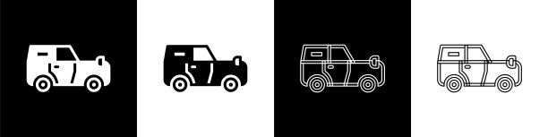 在黑白背景上独立设置公路汽车图标。吉普车的迹象。向量图片下载