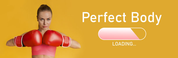 自信的年轻女子戴着拳击手套，看着镜头，拼贴着完美的身体加载进度条图片下载