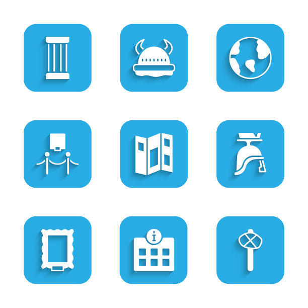 集合博物馆指南手册，信息，石器时代的锤子，罗马军队头盔，图片，和绳屏障，地球和古代柱图标。向量图片下载