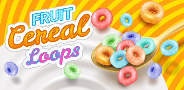 快速早餐-圆形彩色谷物片落入牛奶从勺子，产品包装模型盖，矢量插图。图片下载