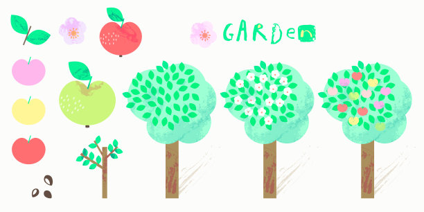 矢量平面天真的孩子花园苹果果树插图集。图片下载