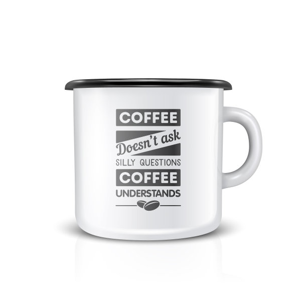 矢量3d现实搪瓷金属空白白色马克杯隔离在白色背景。前视图。茶，咖啡杯与排版引用，关于咖啡的短语。模型设计模板图片下载