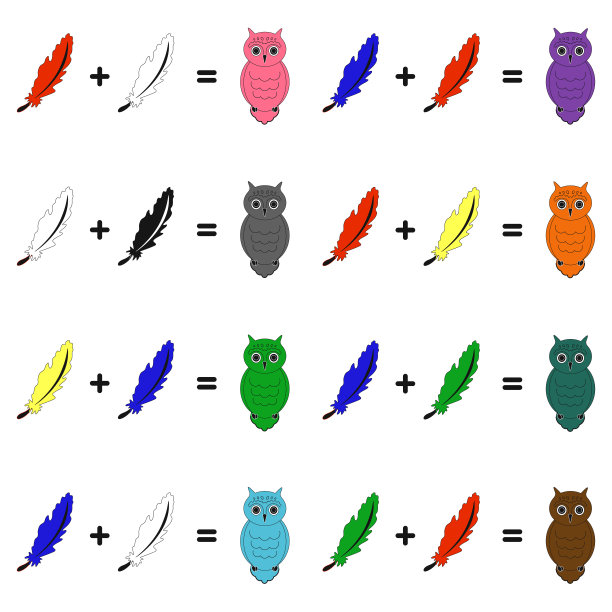 设置颜色混合方案。羽毛和猫头鹰。图片下载