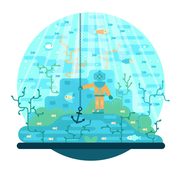 潜水员抓住海床上的锚，矢量卡通插图在平梯图片下载