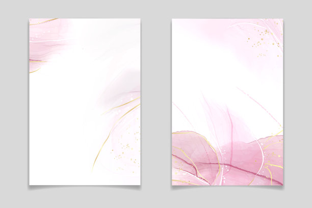 抽象的腮红粉红色液体水彩背景与金色闪光的污渍和线条。玫瑰大理石酒精油墨与金箔的绘画效果。矢量插图模板的婚礼邀请图片下载