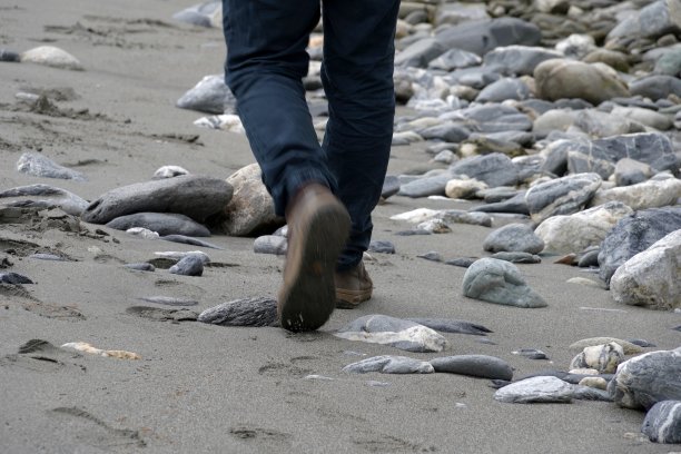 人走在沙滩上的石头。他穿着靴子。只能看到他的腿。他走开了，照片在后面。有很多复制空间。图片下载