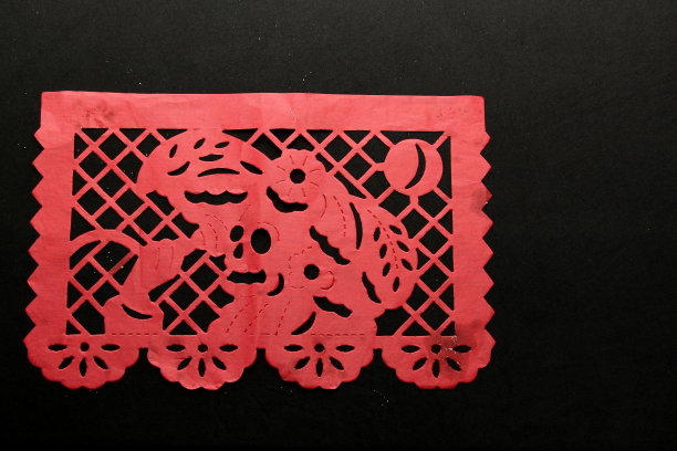 彩色纸屑：墨西哥亡灵节祭品桌布，骷髅形状图片下载