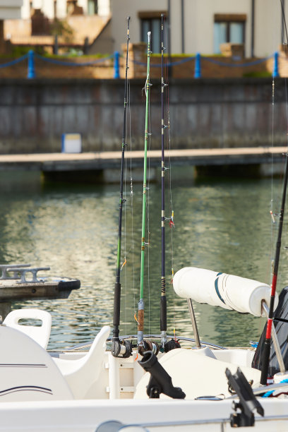 鱼竿和卷轴在船上的自然设置图片下载