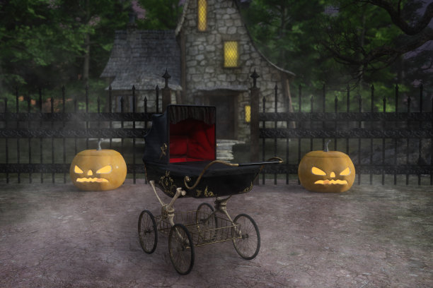 在树林里的一个阴森的老农舍外的万圣节场景的3D插图。图片下载