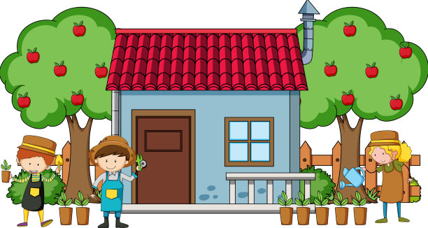 白色上有许多孩子的迷你房子的正面视图图片下载