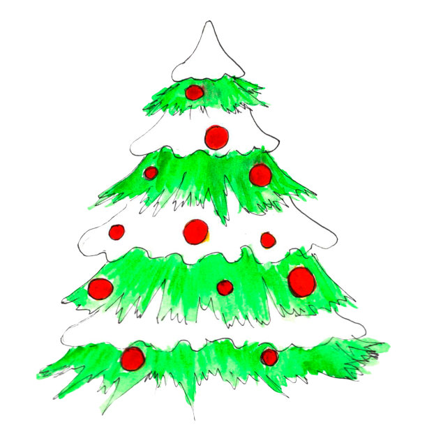 有红色气球的水彩画圣诞树。手绘插图，孤立，白色背景图片下载