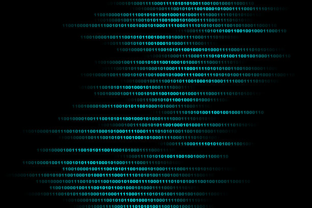 抽象的二进制背景。水平的蓝色1和0在黑色上。图片下载