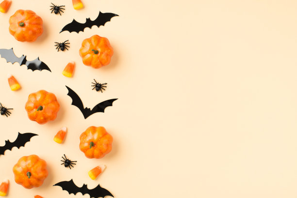 俯视图照片的万圣节装饰小南瓜糖果玉米蜘蛛和蝙蝠的剪影与空的孤立的米色背景图片下载