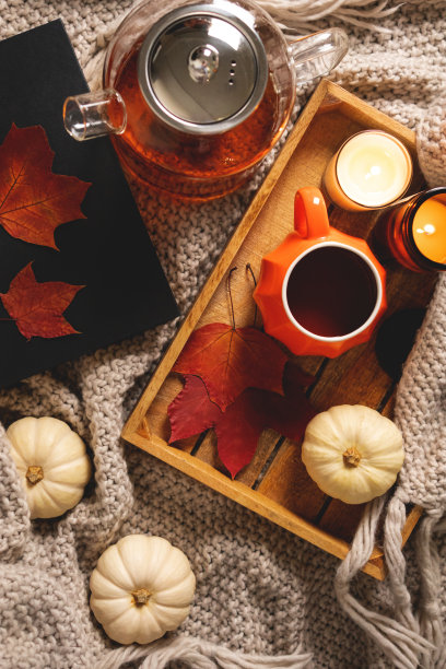 秋天舒适的成分。玻璃茶壶，一杯茶，红色的枫叶，书，南瓜和蜡烛在木制托盘上米色格子。黑暗大气秋天照片。慢生活的生活方式。俯视图，平躺图片下载