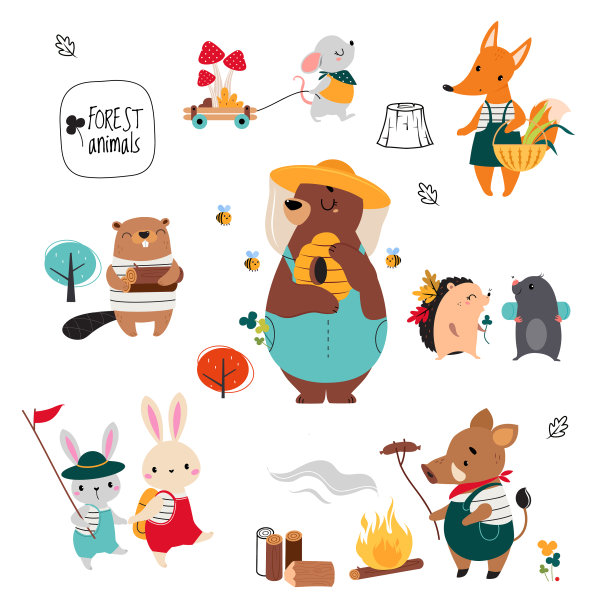 可爱的森林动物徒步旅行背包和图片下载