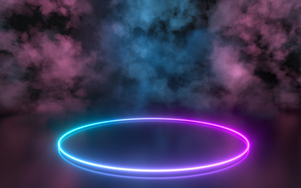 空的圆形舞台与发光的霓虹灯线在黑暗的地下室，3d渲染。图片下载