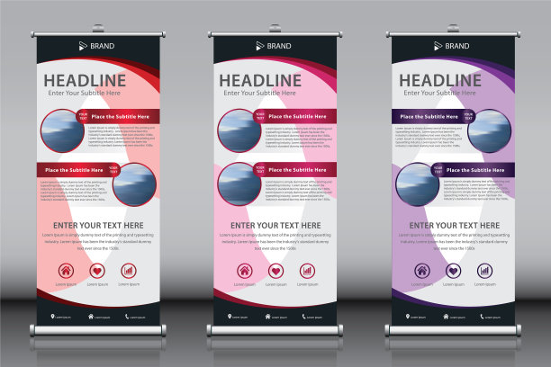 卷起横幅，粉红色，红色，紫色，三合一一套图片下载