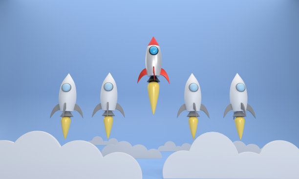 红色火箭飞得很高，与其他火箭不同。创业成功的理念。图片下载