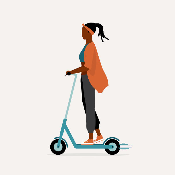 骑电动车的年轻黑人妇女。环保的交通工具。E-Scooter。Micromobility。图片下载