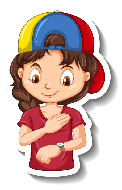 贴纸上的女孩卡通人物正在看手表图片下载