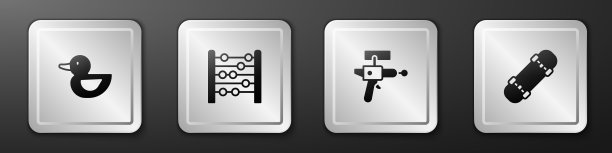 设置橡皮鸭，算盘，镭射枪和滑板图标。银广场按钮。向量图片下载